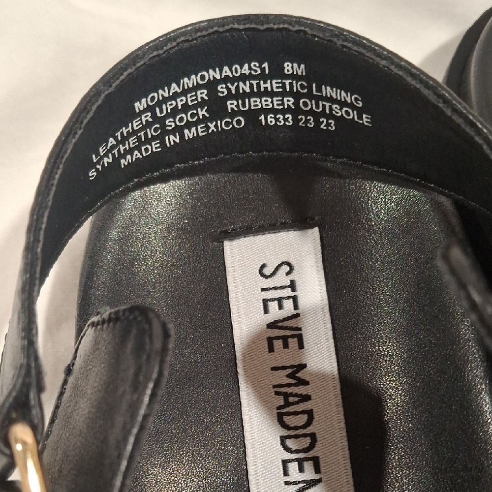 Steve Madden Black Leather Sandals with Gold Buckles - Picture 6 of 10